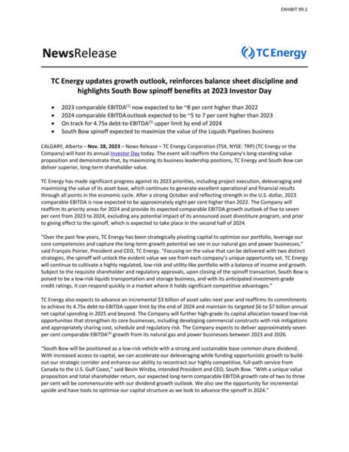 TC Energy updates growth outlook, reinforces balance sheet discipline and highlights South Bow spinoff benefits at 2023 Investor Day